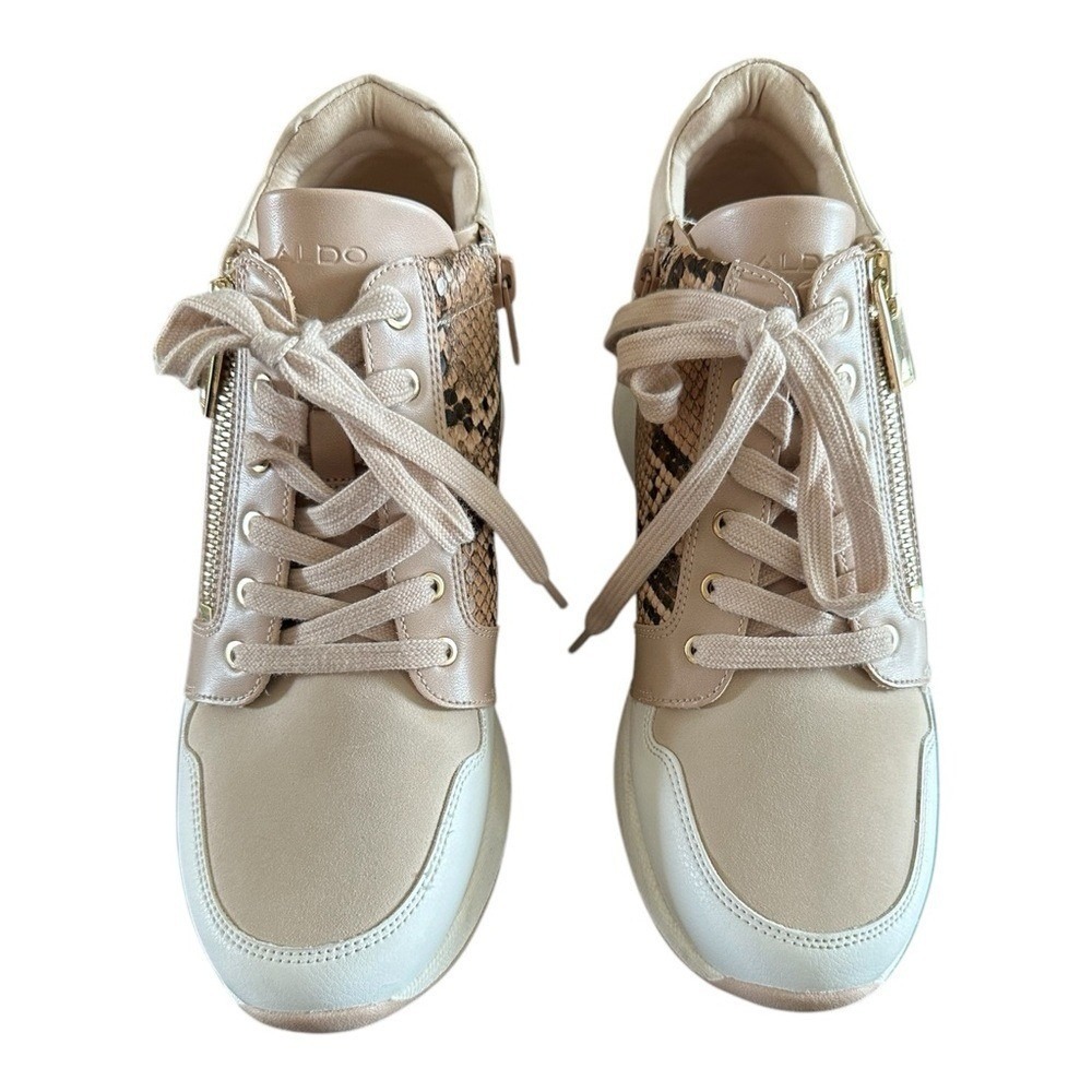 Aldo Womens Beige Snakeskin Print Wedge Platform Sneakers Streetwear Chic 8.5